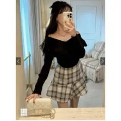 GRL インパン裏地付きツイードチェックフレアミニスカート[tu1367]