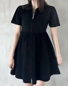 Heather ZIPペプラムミニワンピース ブラック 半袖
