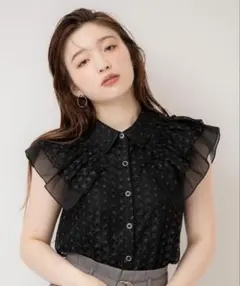 レディアゼル REDYAZEL ラメレースフリルスリーブブラウス ブラック