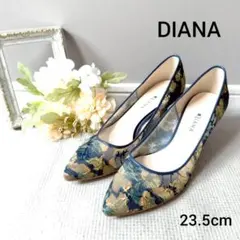 DIANA パンプス レース 絵画柄 花柄 ネイビー グリーン ポインテッドトゥ