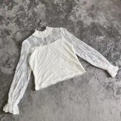 【イング】（F）ブラウス メッシュレース シャーリングネック パールボタン 花柄