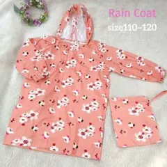 【花柄レインコート】 収納袋付ピンク系　子どもМ120㎝相当★リュック対応マチ有