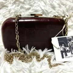 ◎未使用に近い ミニ チェーン ショルダーバッグ 本革レザー クロコ型押し 赤茶