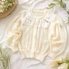 未使用タグ付 麻混 花刺繍レース　 透かし編みカーディガン 白 春夏