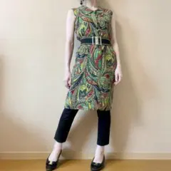ワンピース ペイズリー柄 ヴィンテージ 緑 赤 黄色 くるみボタン ノースリーブ