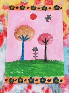 ピンクの夕焼け空 鳥 花柄 可愛いイラスト 派手 カラフル