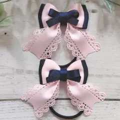 ピンクネイビーミニリボン　グログランリボン　キッズ　ヘアゴム　ハンドメイド　子供