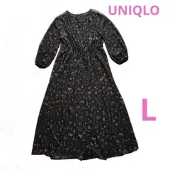UNIQLOユニクロ 花柄シフォンロング7部袖ワンピース 黒L寸キャミソール付き