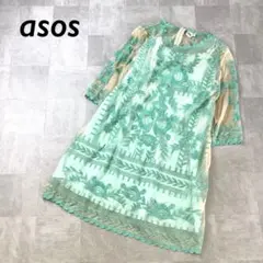 asos 総刺繍 シアー ワンピース 七分袖 グリーン系のサムネイル