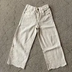 ZARA アイボリー 刺繍入り コットンロングパンツ