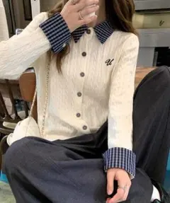 シャツレイヤード風ニットカーディガン/ブルーチェック SPINNS