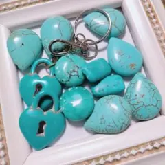ターコイズ 大粒ハート南京錠キーホルダー しずく コイン スクエア まとめ売り