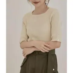 vis☆5分袖スクエアネックリブニット☆キナリ☆アイボリー