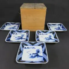 古伊万里 江戸?明治 染付山水文 角皿 5枚セット 幅19cm 古美術 木箱付