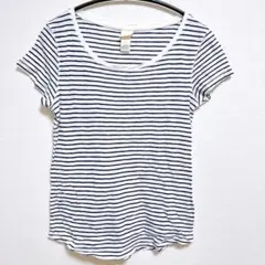 H&M 半袖カットソー L 青×白 ボーダー Uネック フレンチスリーブ 爽やか