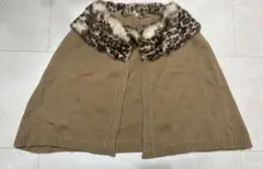 カシミヤ100% ケープ　ベージュ　豹柄　ファー　ポンチョ