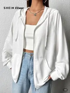 ホワイト フード付き ジップアップパーカー