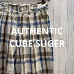 麻＆綿 キューブシュガー チェックパンツ ゆったりウエストゴム Sサイズ