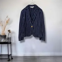 組曲◎ストライプ テーラードジャケット S ネイビー 綿100% 羽織り