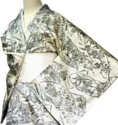 T16着物小紋　薄黄地　花鳥柄　正絹　美品　書紙付き　身丈164cm