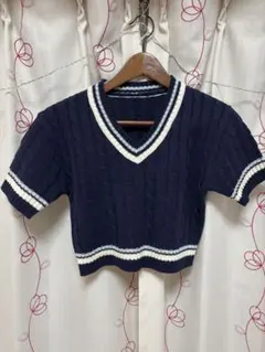 ネイビー Vネック 半袖ニット