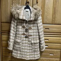 フード付きファーコート ベージュ格子柄