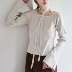 Kastane ボウタイ配色リブニット アイボリー