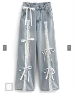 本日限定価格　GRL リボンレースフリルワイドデニムパンツ　at2424