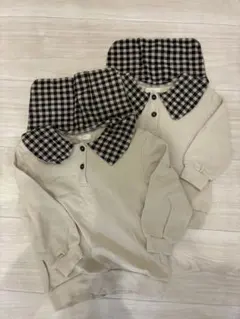 ベージュ ギンガムチェック襟 トレーナー