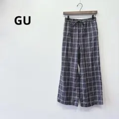 ジーユー/ワイドパンツ/ウエストリボン/カジュアル/チェック柄/青系/S/上品