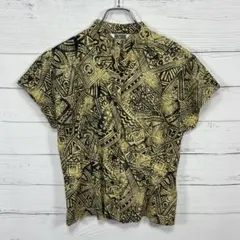 レトロ古着ビンテージ 幾何学総柄ブラウス 半袖シャツ マスタード イエロー日本製