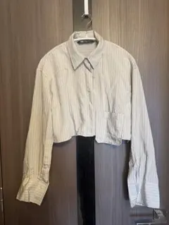 ZARA クロッドシャツ　ショート丈　ストライプ　長袖　ブルーグレー　xs