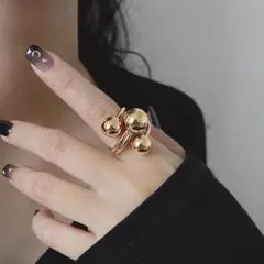 ゴールド ミニマリスト 3連 ボール リング フリーサイズ  #C684-4