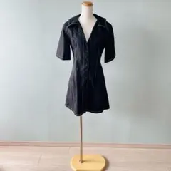 カラーステッチ モノトーン 膝上丈 シャツ レトロワンピース ブラック N55