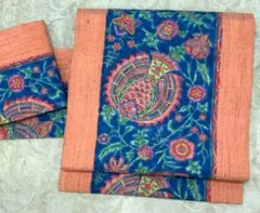 結城紬　名古屋帯　正絹　摺り更紗　中古　カジュアル　オレンジ　ブルー　tj127