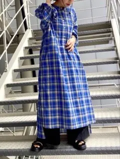 niko and… チェックシャツワンピース ロング丈 ブルー Mサイズ 長袖