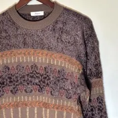 柄ニットジャガード日本製Moareセーター幾何学柄ブラウン古着レトロヴィンテージ