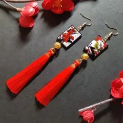 【和風】花札＆タッセルピアス（イヤリング）（梅に鶯）【卒業式】【着物】