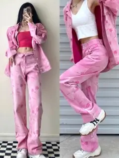 新品未使用花柄ハイウエスト可愛いピンクデニムパンツ/ジーンズ　sサイズレディース