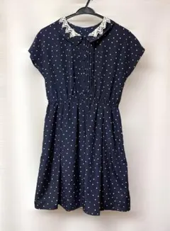 美品アースミュージックアンドエコロジー 白 ドット柄 ワンピース ブルー フリル