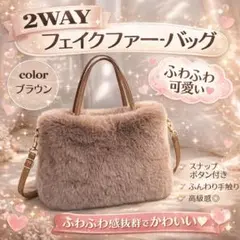 ふわふわファーバッグ 2way ショルダー付 ブラウン スナップボタン 秋冬