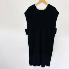 【ハンチ】ロングニットベスト　Ｍ　黒ブラック　フレンチスリーブ　重ね着レイヤード