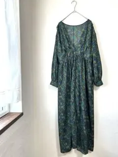 グリーンレーベルリラクシング ロングワンピース長袖 ペイズリー 総柄 グリーン
