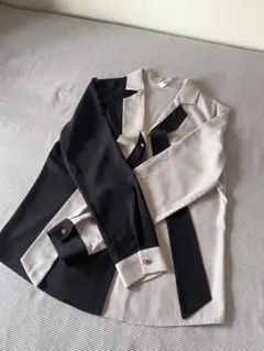 【まとめて買うと割引】モノトーン バイカラー 長袖シャツ ネクタイ風デザイン