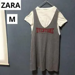 美品 ZARA ザラ M Tシャツレイヤード ロゴ ワンピース グレー