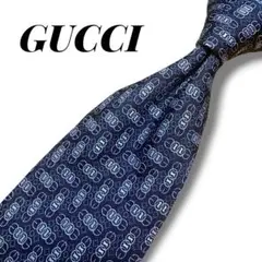 美品 GUCCI グッチ シルクネクタイ 総柄 ネイビー クレスト イタリア製