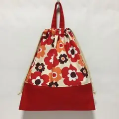 持ち手　お着替え袋　体操服袋　ハンドメイド　女の子　花柄　フラワー　赤　レッド