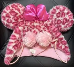 ディズニー　ミニーファンキャップヒョウ柄ピンクリボン