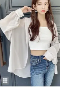 GRL (F) ドロップショルダーシアーシャツ 白 ボリューム袖 着痩せ