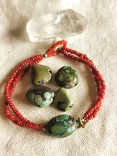 ✳omamori✳ TibetanTurquoise グラスコーラルブレスレット